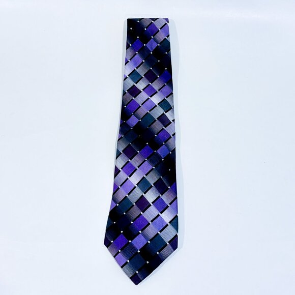 VAN HEUSEN Purple, Black & Silver Plaid Silk Tie * - Picture 2 of 5